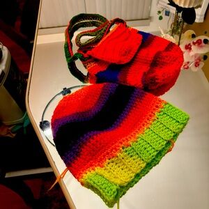 Hand crafted beanie hat and small purse.
